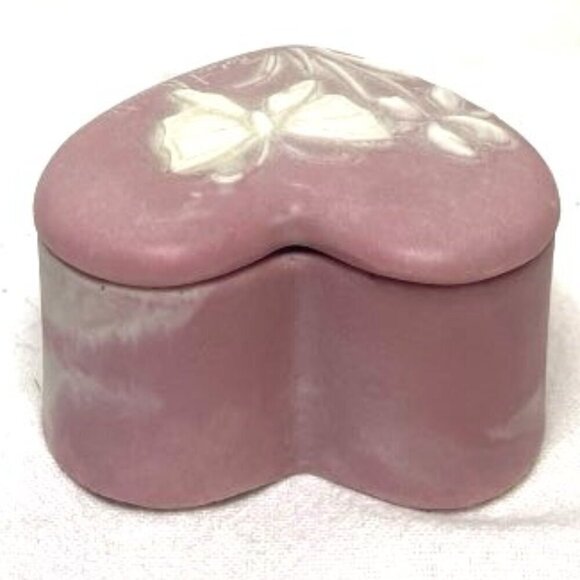 Vtg Robert Nemith Soapstone Heart Shaped Trinket Box Pink White Butterfly & Iris - Picture 6 of 8